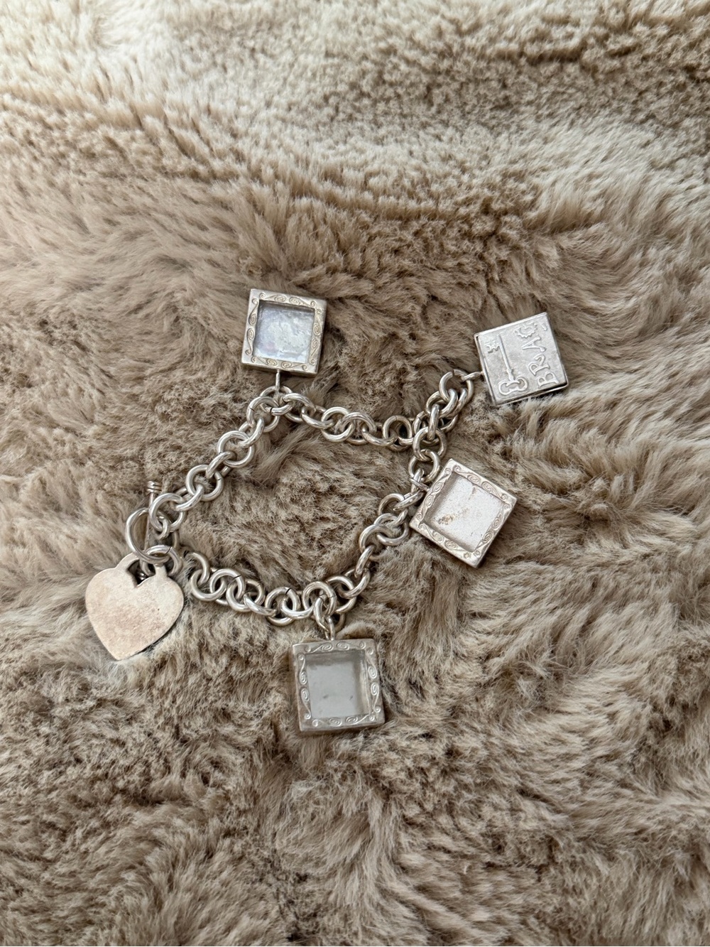 Brag Bracelet Silver Tone Square Charm Heart Bracelet